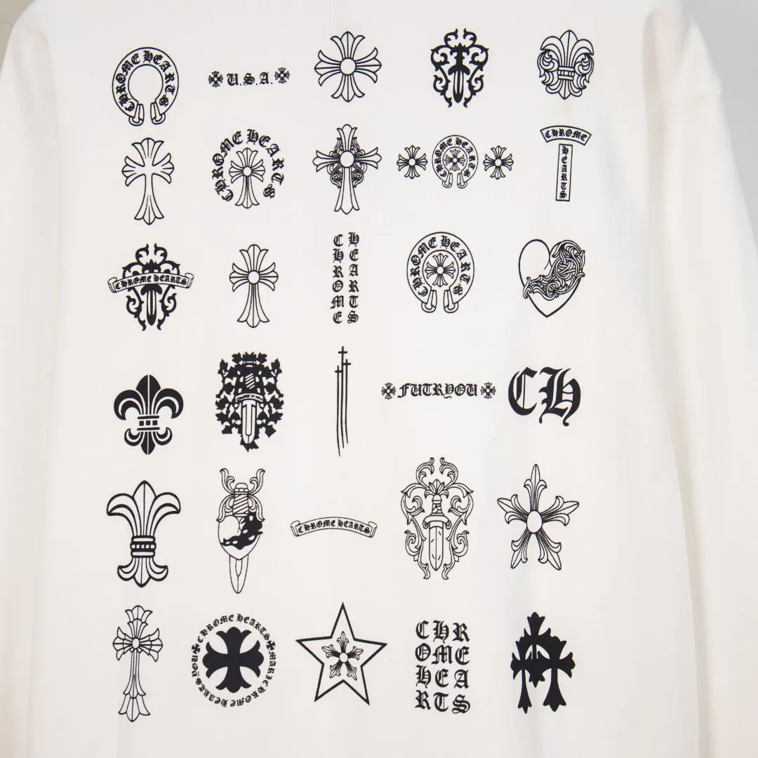 P280 zp version [exclusive supply] Chrome Hearts/Chrome Hearts 2025Fw new autumn and winter 420g pullover round neck long-sleeved sweatshirt CH back hodgepodge horseshoe Sanskrit cross offset letter logo embossing process same style for men and women brand classic pure cotton fabric official synchronization high version high quality fashion personality versatile trend pure original quality original fabric hangtag collar label washed wheat three complete labels Color: black white Size: XS S M L Number: YK10714